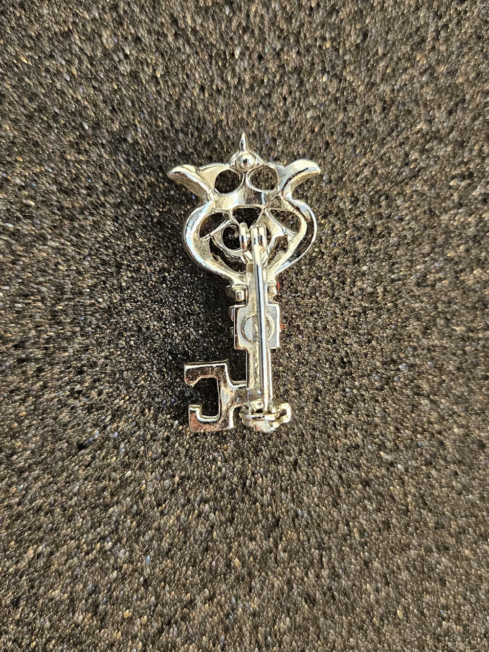 Brooch Crown Key Charm with Blue Stones and Red Accents
